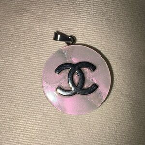 CHANEL Pink Iridescent and Silver Logo Pendant